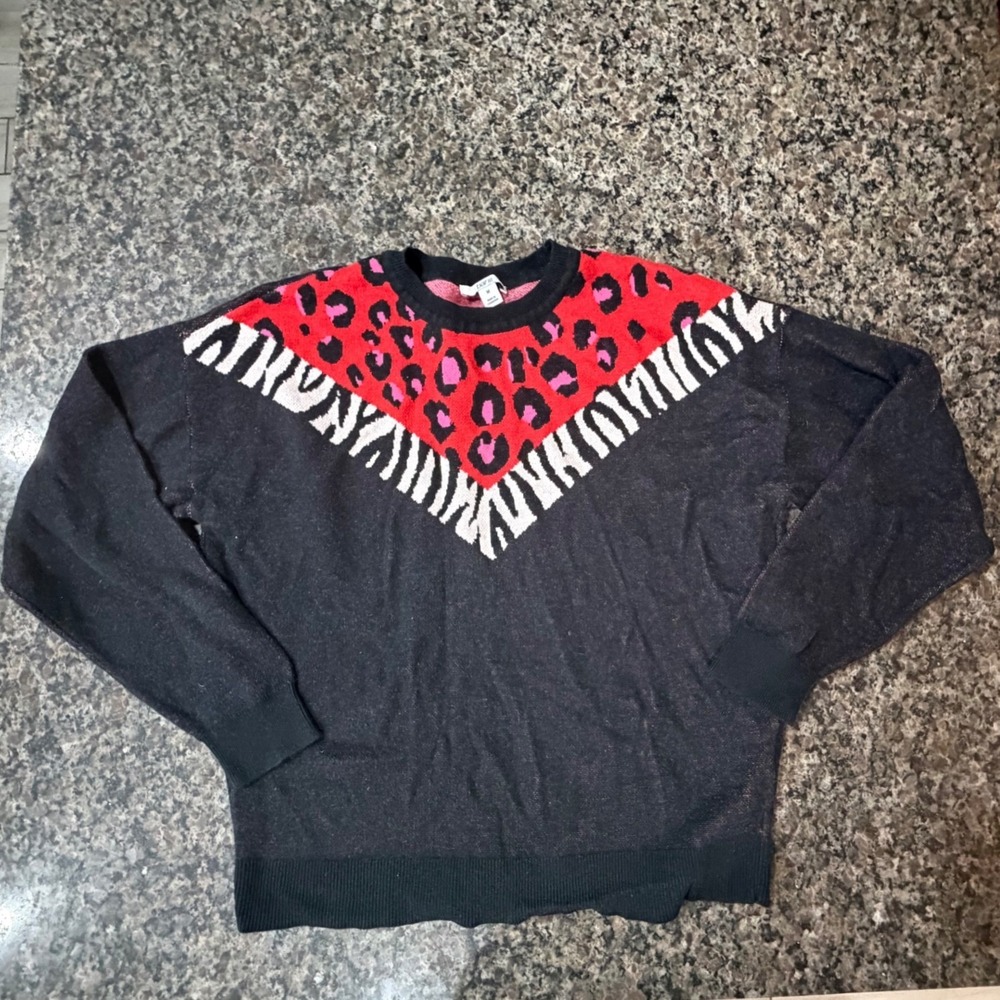 Bar III Womens Mixed Animal Print Sweater Red Leopard Zebra Black Size M